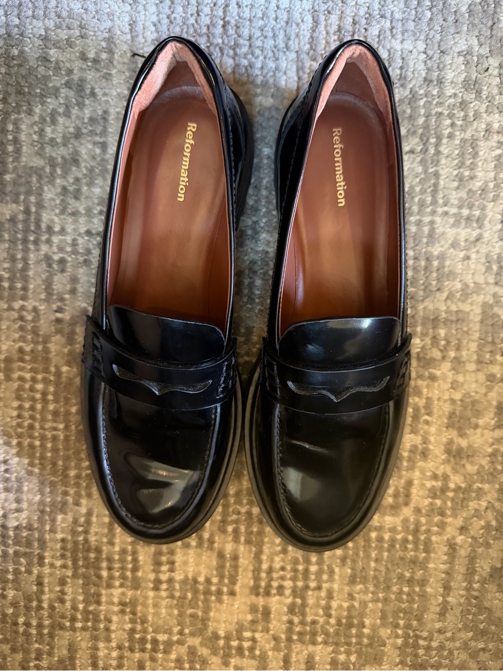 Reformation Black Patent Leather Penny Loafers